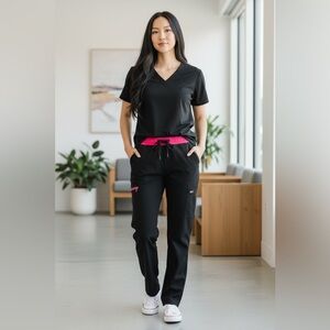 Koi Lite Black Scrub Pants Pink Waistband Size L Petite